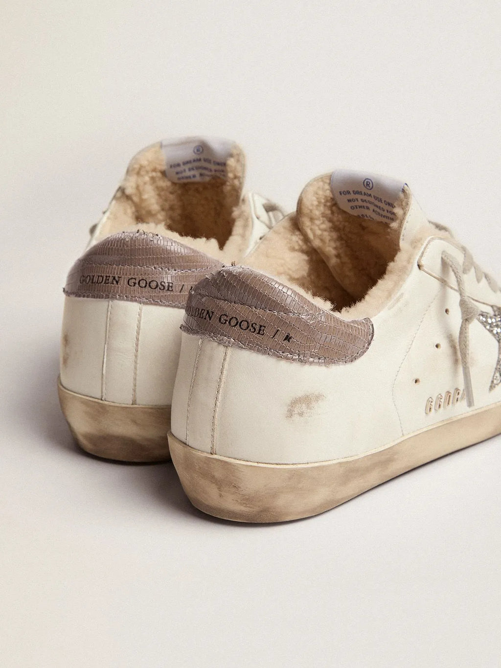 Super-Star sneakers with shearling lining. silver glitter star and lizard-print dove-gray leather heel tab