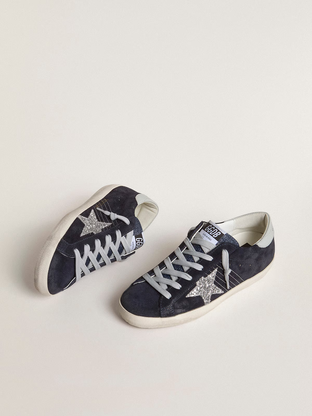 Super-Star de suede azul estrela de glitter prateado e talão de couro
