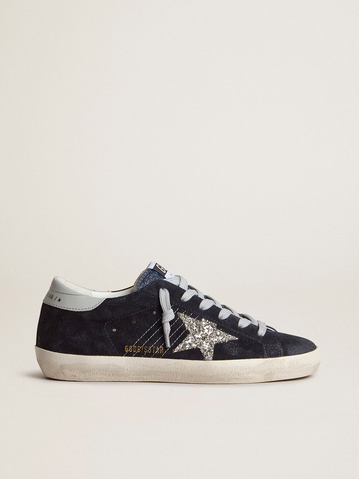 Super-Star de suede azul estrela de glitter prateado e talão de couro