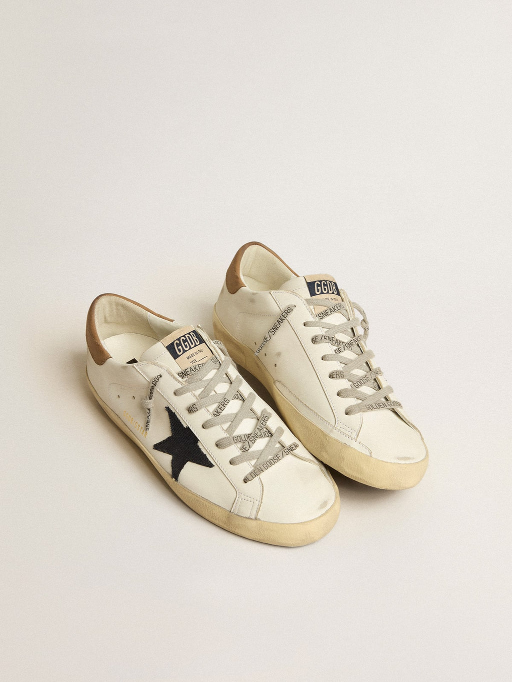 Super-Star con stella in tela blu e talloncino in pelle tabacco