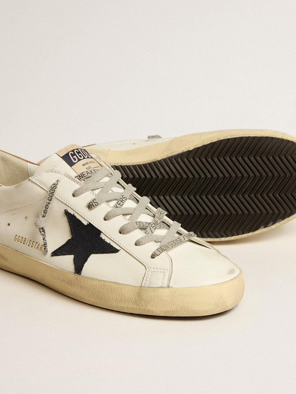 Super-Star con stella in tela blu e talloncino in pelle tabacco