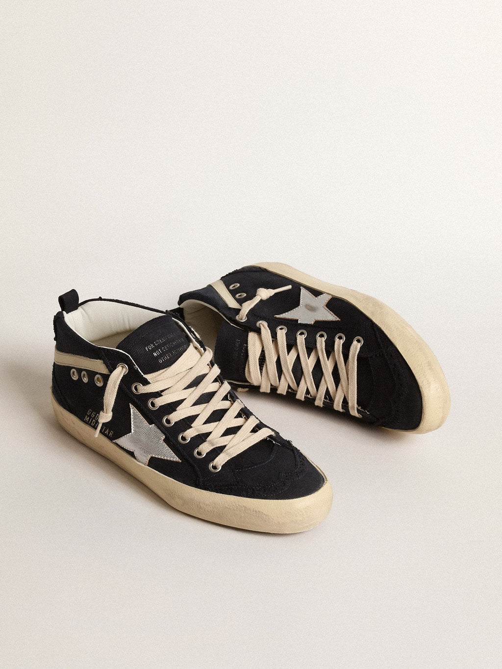 Mid Star in cotone blu con stella argento e inserto in pelle