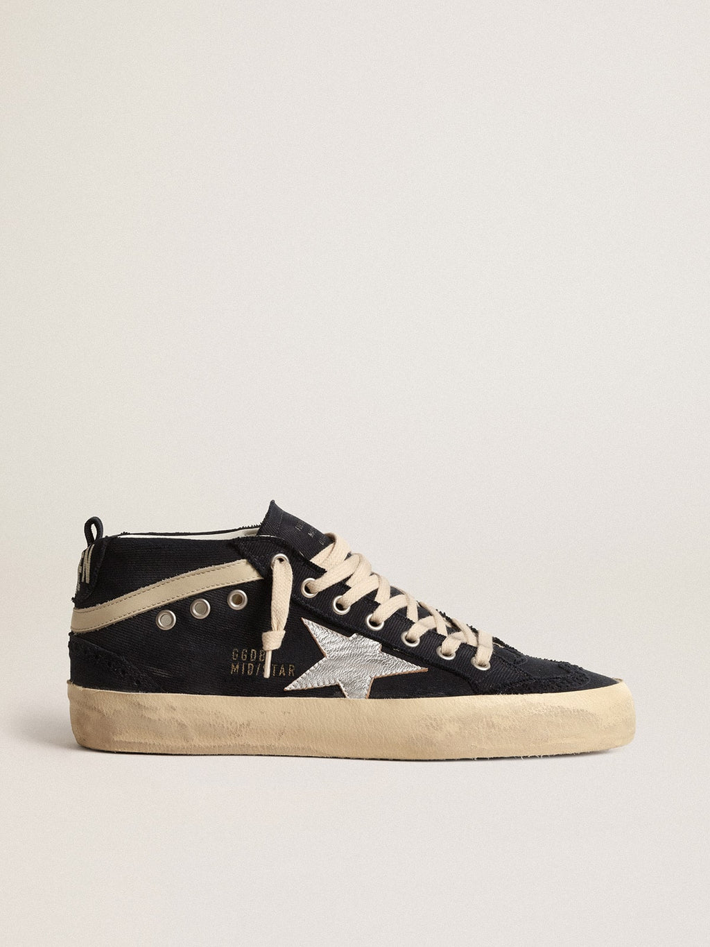 Mid Star in cotone blu con stella argento e inserto in pelle