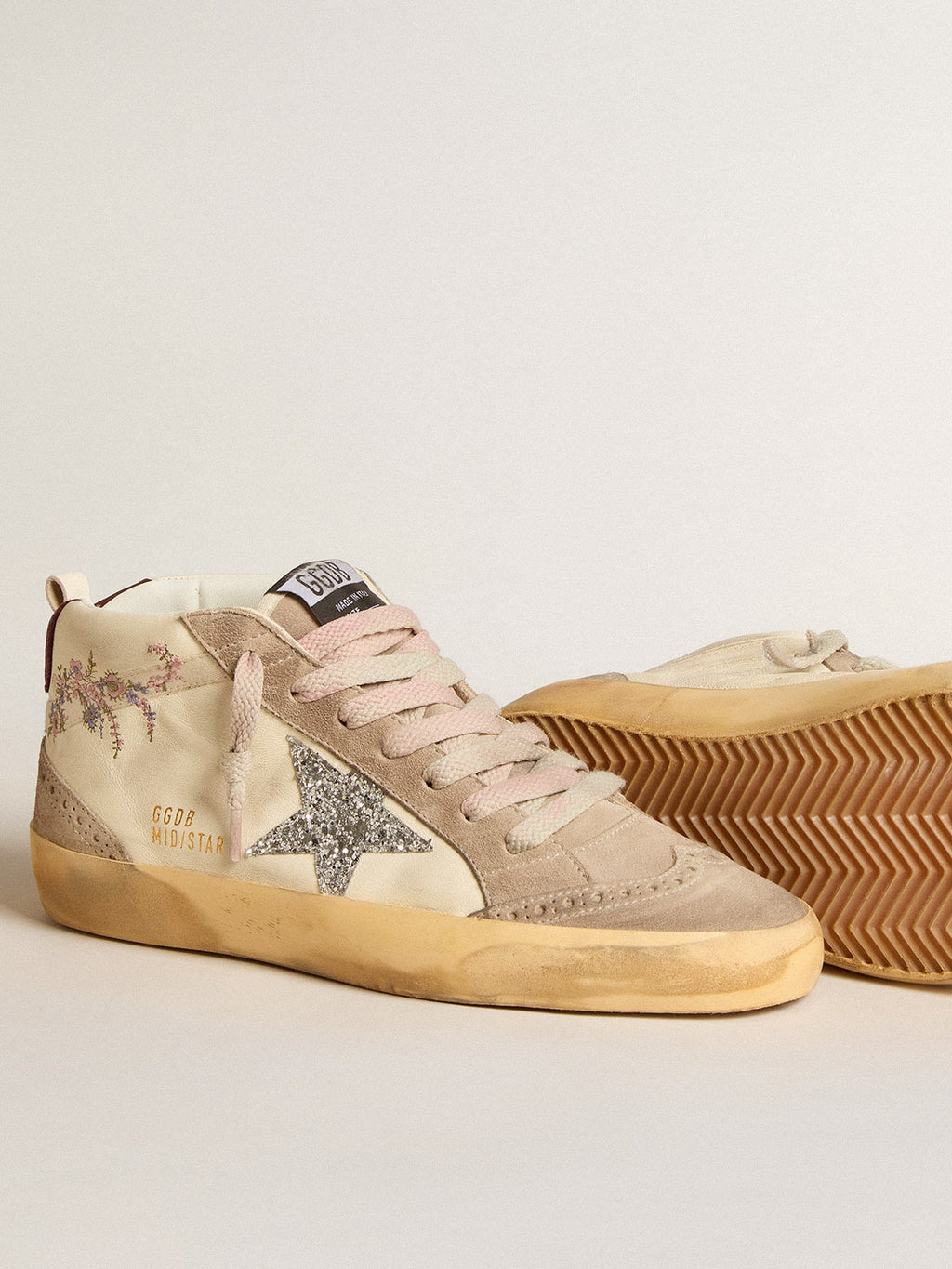 Women's Mid Star in nappa leather with floral embroidery and silver glitter star