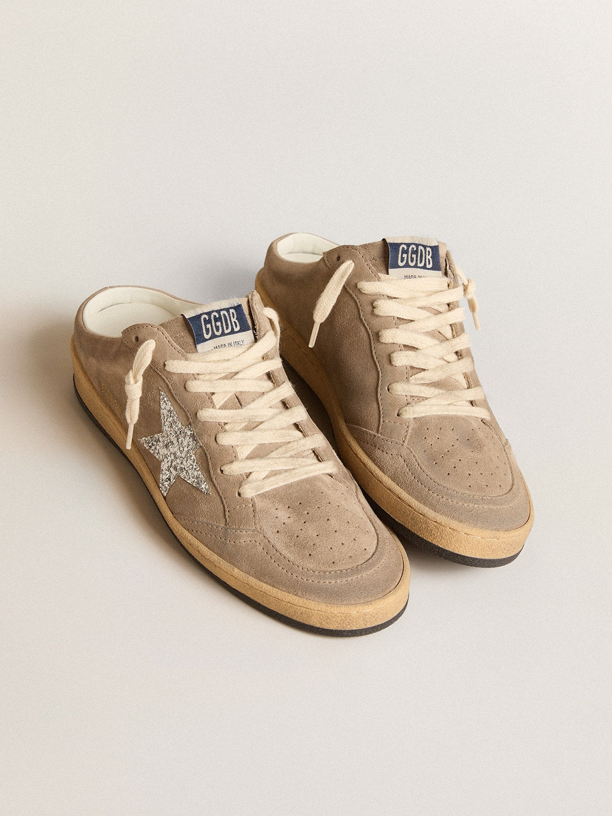 Ball Star Sabots in dove-gray suede with silver glitter star