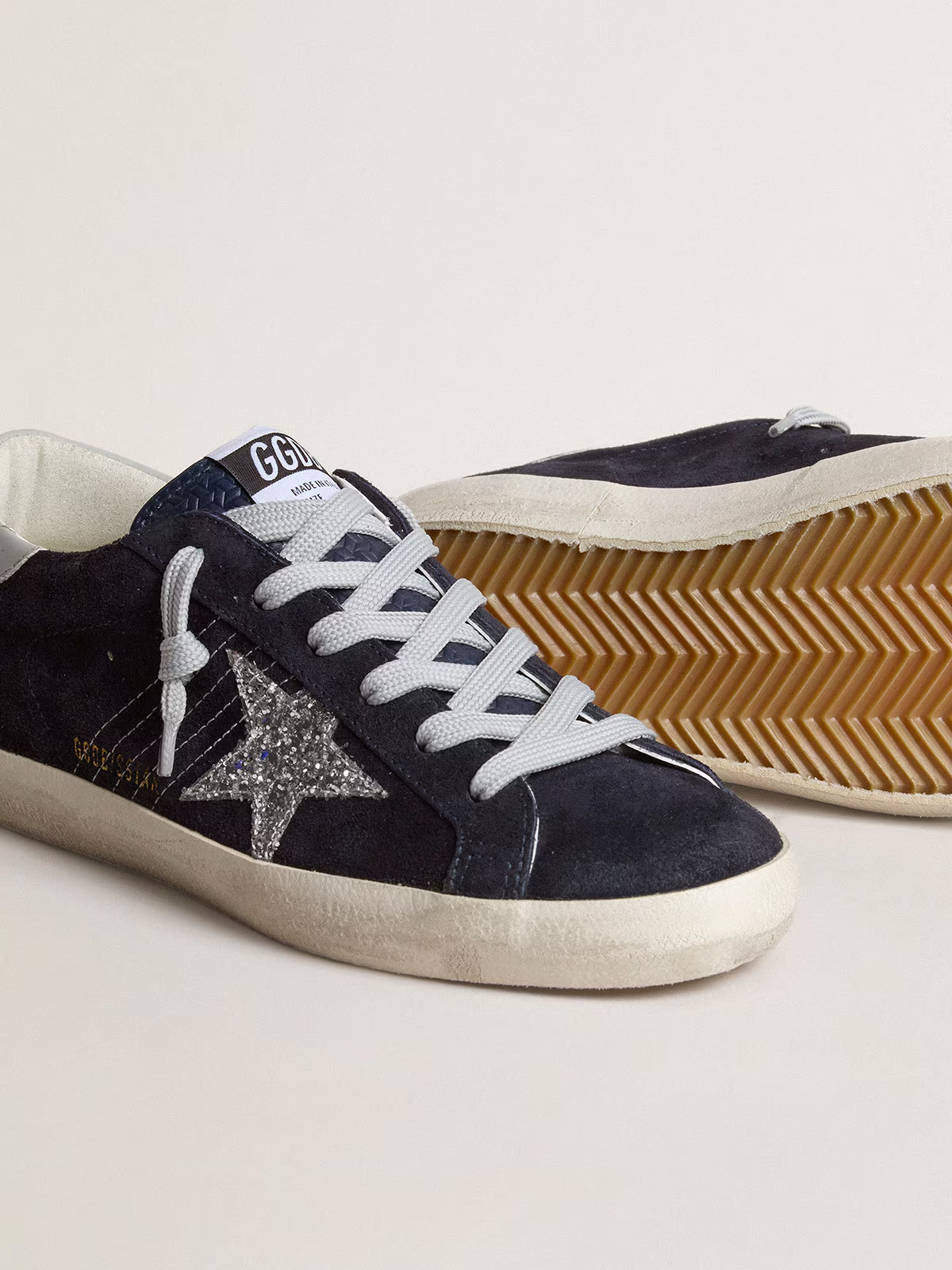 Super-Star de suede azul estrela de glitter prateado e talão de couro